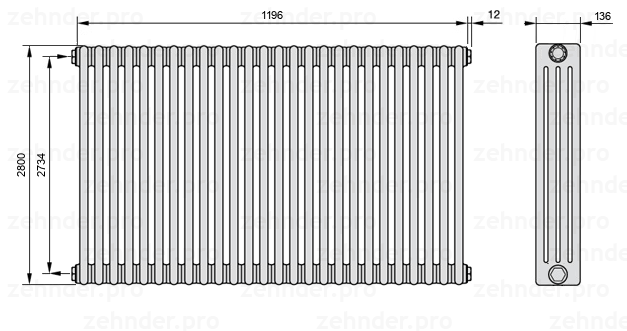 Схема (чертеж) Радиатор Zehnder Charleston 4280/26 №1270 Белый глянцевый RAL 9016